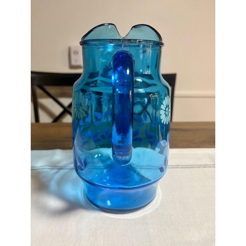 Vintage Mid Century Libbey Blue Glass Pitcher Rain Flower Daisy Floral 10” Vase - Picture 3 of 7